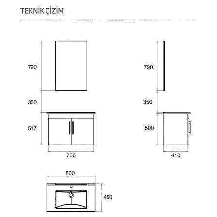 Creavit D20 Banyo Dolabı Seti Çekmeceli 80 Cm Antrasit