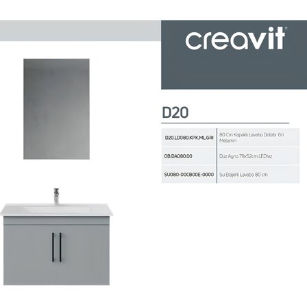 Creavit D20 Banyo Dolabı Seti Çekmeceli 80 Cm Gri