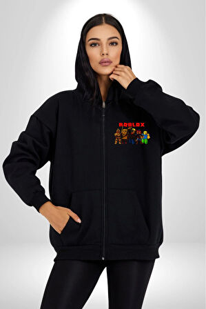 Roblox Oyun Kadın Erkek Siyah Kapüşonlu Fermuarlı Baskılı Hırka Sweatshirt