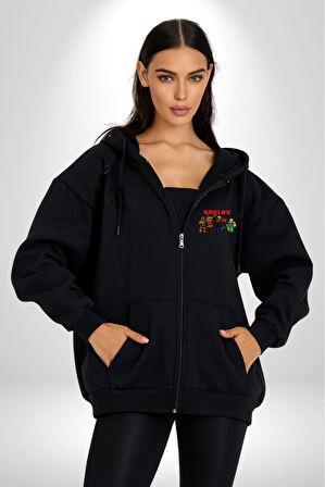 Roblox Oyun Kadın Erkek Siyah Kapüşonlu Fermuarlı Baskılı Hırka Sweatshirt