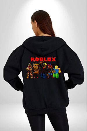 Roblox Oyun Kadın Erkek Siyah Kapüşonlu Fermuarlı Baskılı Hırka Sweatshirt