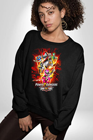 Power Ranger Animasyon Kadın Erkek Siyah Sweatshirt 