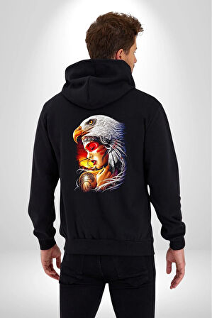 Kartal Kızıl Derili Kadın Erkek Siyah Kapüşonlu Fermuarlı Baskılı Hırka Sweatshirt