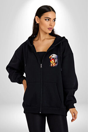 Kartal Kızıl Derili Kadın Erkek Siyah Kapüşonlu Fermuarlı Baskılı Hırka Sweatshirt