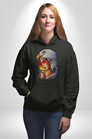 Kartal Kızıl Derili Kadın Erkek  Siyah Kapüşonlu Sweatshirt Hoodie