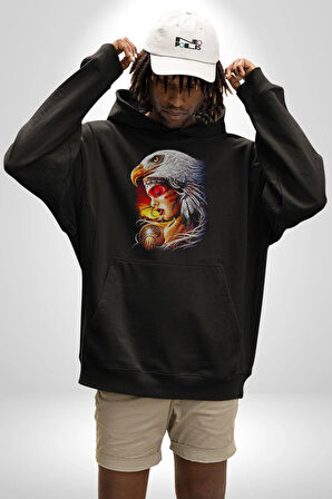 Kartal Kızıl Derili Kadın Erkek  Siyah Kapüşonlu Sweatshirt Hoodie