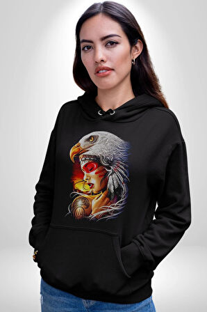 Kartal Kızıl Derili Kadın Erkek  Siyah Kapüşonlu Sweatshirt Hoodie