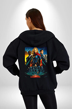 Captan Marvel Kadın Erkek Siyah Kapüşonlu Fermuarlı Baskılı Hırka Sweatshirt