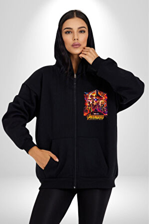 Avengers İnfinity War Kahramanlar Kadın Erkek Siyah Kapüşonlu Fermuarlı Baskılı Hırka Sweatshirt