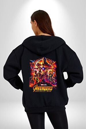 Avengers İnfinity War Kahramanlar Kadın Erkek Siyah Kapüşonlu Fermuarlı Baskılı Hırka Sweatshirt