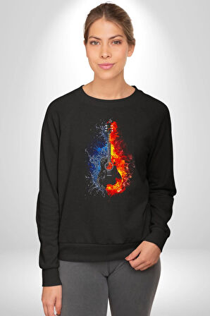 Ateşli Gitar Su Ve Ateş Kadın Erkek Siyah Sweatshirt 