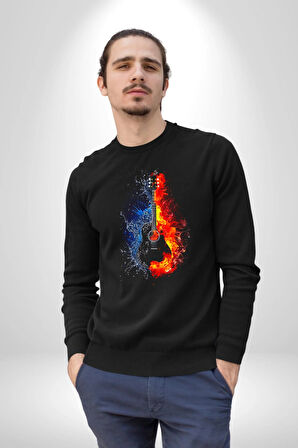 Ateşli Gitar Su Ve Ateş Kadın Erkek Siyah Sweatshirt 