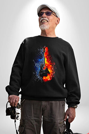 Ateşli Gitar Su Ve Ateş Kadın Erkek Siyah Sweatshirt 