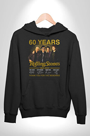 Rolling Stones Grup 60.Yıl İmza Kadın Erkek  Siyah Kapüşonlu Sweatshirt Hoodie