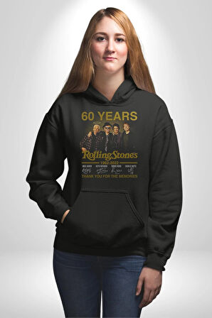 Rolling Stones Grup 60.Yıl İmza Kadın Erkek  Siyah Kapüşonlu Sweatshirt Hoodie