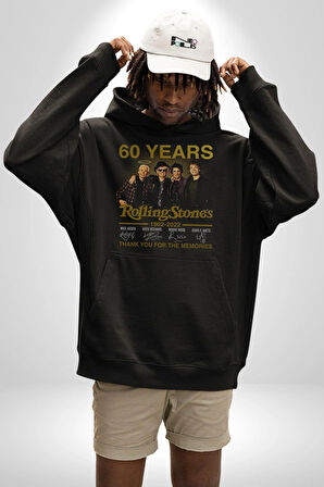 Rolling Stones Grup 60.Yıl İmza Kadın Erkek  Siyah Kapüşonlu Sweatshirt Hoodie