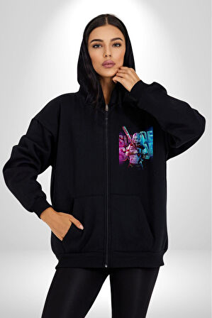 Harley Quinn Batman Kadın Erkek Siyah Kapüşonlu Fermuarlı Baskılı Hırka Sweatshirt