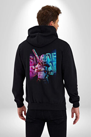 Harley Quinn Batman Kadın Erkek Siyah Kapüşonlu Fermuarlı Baskılı Hırka Sweatshirt