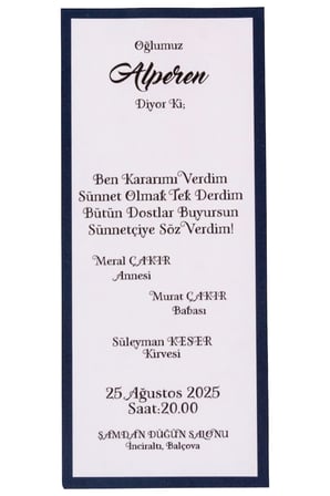 50 Adet Dila Sünnet Davetiyesi 2310 - Özel Zarflı
