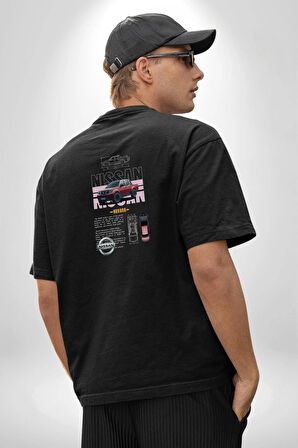 Camioneta NISSAN Pamuklu Kadın Erkek Oversize Sırt Dijital Baskılı Siyah T-shirt