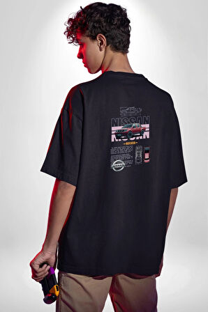 Camioneta NISSAN Pamuklu Kadın Erkek Oversize Sırt Dijital Baskılı Siyah T-shirt