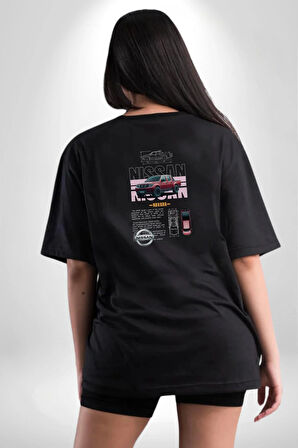 Camioneta NISSAN Pamuklu Kadın Erkek Oversize Sırt Dijital Baskılı Siyah T-shirt