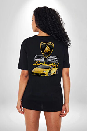 Lamborghini  Pamuklu Kadın Erkek Oversize Sırt Dijital Baskılı Siyah T-shirt