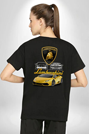 Lamborghini  Pamuklu Kadın Erkek Oversize Sırt Dijital Baskılı Siyah T-shirt