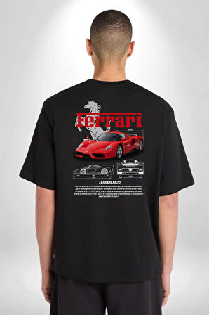 Ferrari Enzo Klasik Pamuklu Kadın Erkek Oversize Sırt Dijital Baskılı Siyah T-shirt