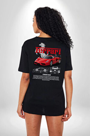 Ferrari Enzo Klasik Pamuklu Kadın Erkek Oversize Sırt Dijital Baskılı Siyah T-shirt