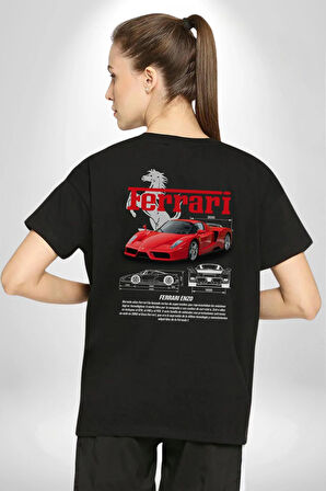 Ferrari Enzo Klasik Pamuklu Kadın Erkek Oversize Sırt Dijital Baskılı Siyah T-shirt