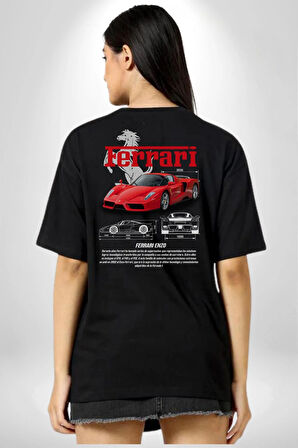 Ferrari Enzo Klasik Pamuklu Kadın Erkek Oversize Sırt Dijital Baskılı Siyah T-shirt