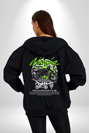 Kawasaki Ninja ZX-6R 636 Kadın Erkek Siyah Kapüşonlu Fermuarlı Baskılı Hırka Sweatshirt