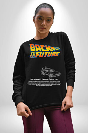 Back To The Future DeLorean DMC-12  Kadın Erkek Siyah Sweatshirt 