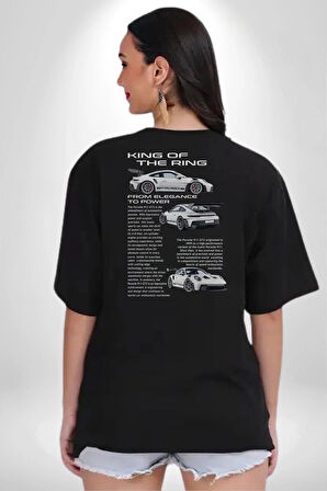 Porsche 911 GT3 RS Pamuklu Kadın Erkek Oversize Sırt Dijital Baskılı Siyah T-shirt