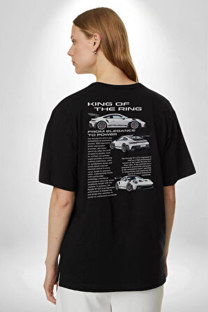 Porsche 911 GT3 RS Pamuklu Kadın Erkek Oversize Sırt Dijital Baskılı Siyah T-shirt