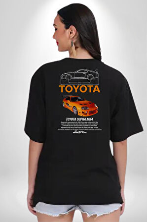 Toyota Supra MK IV Pamuklu Kadın Erkek Oversize Sırt Dijital Baskılı Siyah T-shirt