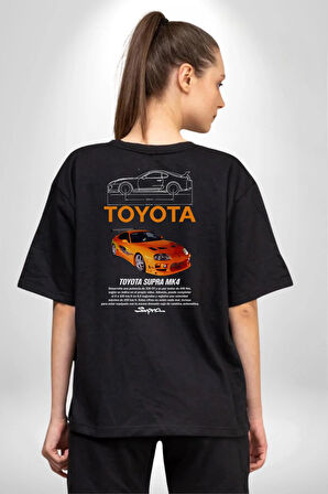 Toyota Supra MK IV Pamuklu Kadın Erkek Oversize Sırt Dijital Baskılı Siyah T-shirt