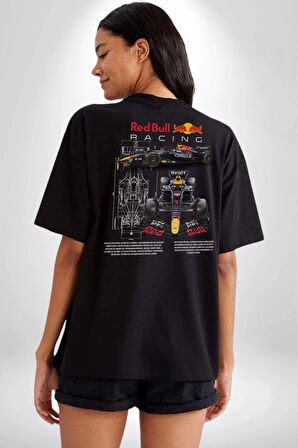 Red Bull Racing RB19 Yarış Arabası Pamuklu Kadın Erkek Oversize Sırt Dijital Baskılı Siyah T-shirt