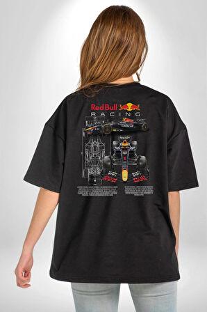 Red Bull Racing RB19 Yarış Arabası Pamuklu Kadın Erkek Oversize Sırt Dijital Baskılı Siyah T-shirt