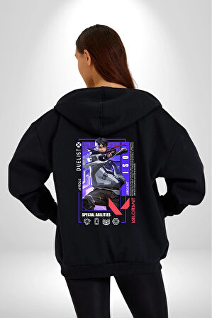 Valorant  ISO Ajan Oyun Karakter Özellikleri Kadın Erkek Siyah Kapüşonlu Fermuarlı Baskılı Hırka Sweatshirt