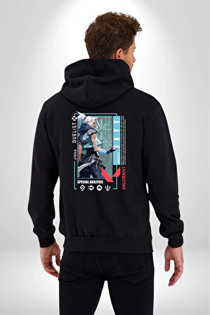 Valorant  JETT Ajan Oyun Karakter Özellikleri Kadın Erkek Siyah Kapüşonlu Fermuarlı Baskılı Hırka Sweatshirt