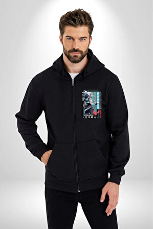 Valorant  JETT Ajan Oyun Karakter Özellikleri Kadın Erkek Siyah Kapüşonlu Fermuarlı Baskılı Hırka Sweatshirt