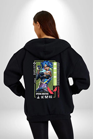 Valorant  NEON Ajan Oyun Karakter Özellikleri Kadın Erkek Siyah Kapüşonlu Fermuarlı Baskılı Hırka Sweatshirt