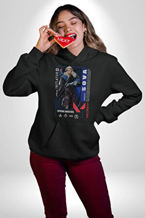 Valorant   SOVA Ajan Oyun Karakter Özellikleri Kadın Erkek  Siyah Kapüşonlu Sweatshirt Hoodie