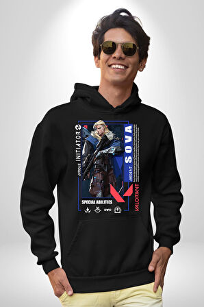 Valorant   SOVA Ajan Oyun Karakter Özellikleri Kadın Erkek  Siyah Kapüşonlu Sweatshirt Hoodie