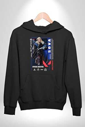 Valorant   SOVA Ajan Oyun Karakter Özellikleri Kadın Erkek  Siyah Kapüşonlu Sweatshirt Hoodie