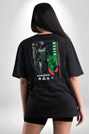 Valorant   VIPER Ajan Oyun Karakter Özellikleri Pamuklu Kadın Erkek Oversize Sırt Dijital Baskılı Siyah T-shirt