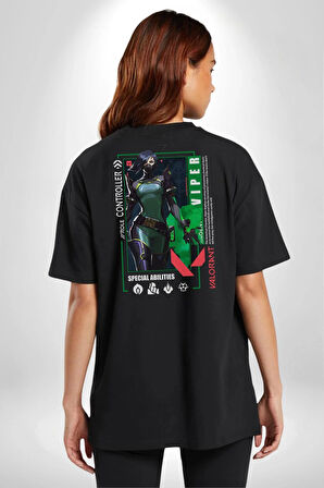 Valorant   VIPER Ajan Oyun Karakter Özellikleri Pamuklu Kadın Erkek Oversize Sırt Dijital Baskılı Siyah T-shirt
