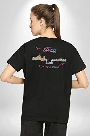 İstanbul Özel Tasarım  Pamuklu Kadın Erkek Oversize Sırt Dijital Baskılı Siyah T-shirt